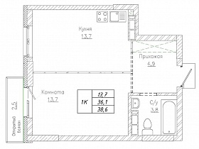 1-комнатная квартира 38.6 м2 ЖК «Тихий»