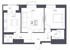 2-комнатная квартира 64.1 м2 ЖК «Основатели»