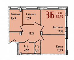 3-комнатная квартира 65,35 м2 ЖК «RED FOX»