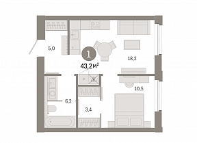 1-комнатная квартира 43 м2 ЖК «Город на озере»