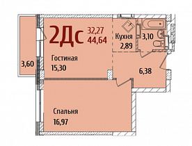 2-комнатная квартира 44,64 м2 ЖК «RED FOX»
