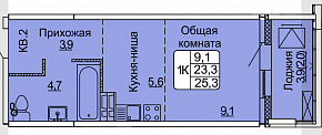 1-комнатная квартира 25,3 м2 «Новый Горизонт» 