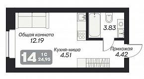 1-комнатная студия 24.95 м2 ЖК Квартал «Аэрон»